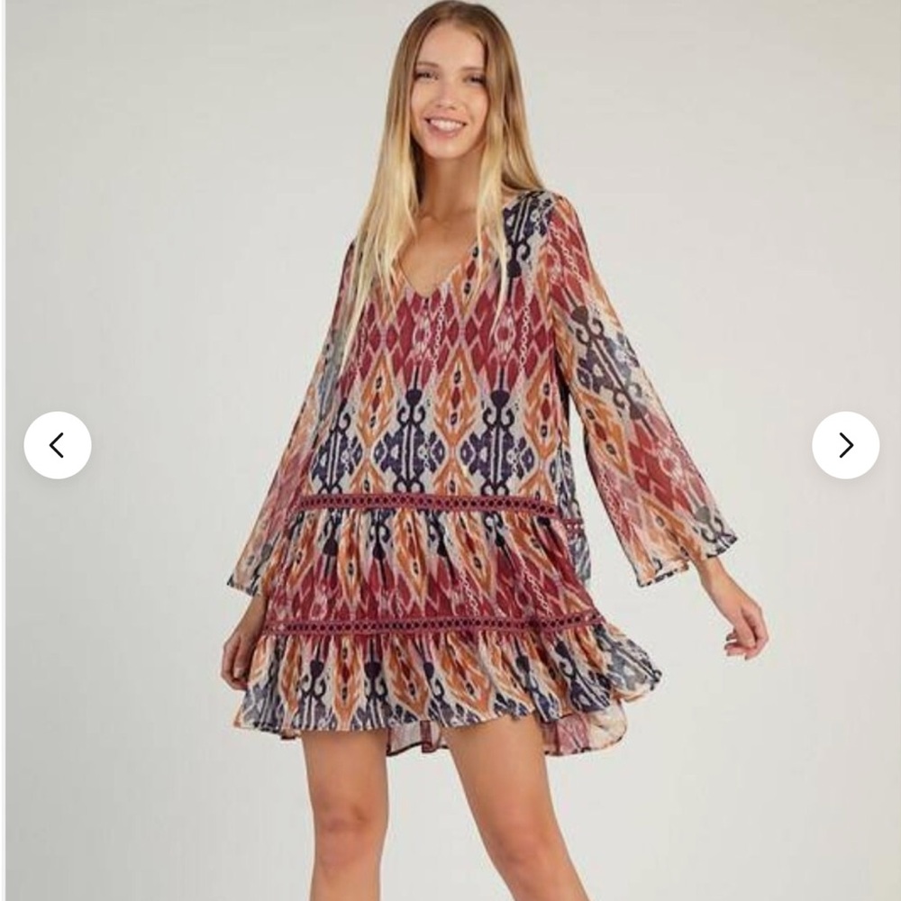 NWT Sadie & Sage Dress, Deep Blue, Burgundy, Orange, Boho, Size M